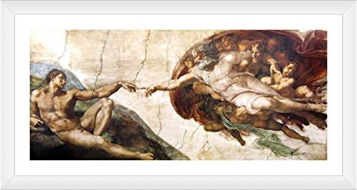Alonline Art - יצירת אדם מאת Michelangelo | תמונה ממוסגרת לבנה מודפסת על בד כותנה, מחוברת ללוח הקצף | מוכן